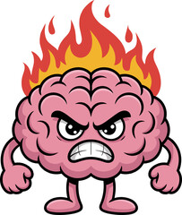 Angry brain cartoon character is on fire, representing burnout emotion