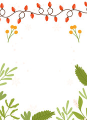 Festive Poster template featuring red string lights, greenery, yellow berries, and snowflakes on a white background with blank space.