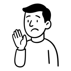 Doodle boy character raising hand in refusal