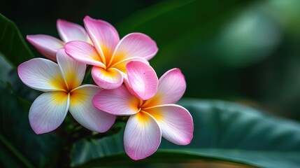 Three pink and yellow plumeria flowers with green leaves in a natural setting.