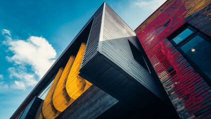 Modern architectural building with abstract design against a bright blue sky