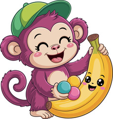 Cheerful cartoon monkey with banana and candies, radiating happiness