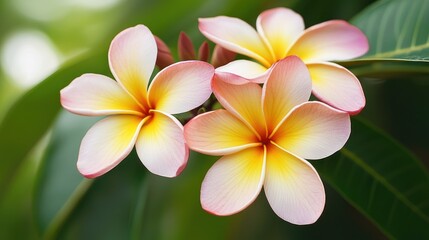 Obraz premium Three pink and yellow plumeria flowers with green leaves on a blurred green background.
