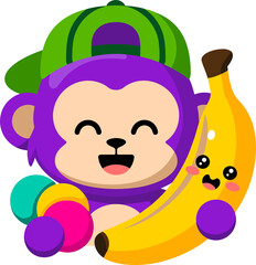 Fototapeta premium Cheerful cartoon monkey with a banana friend and colorful balls