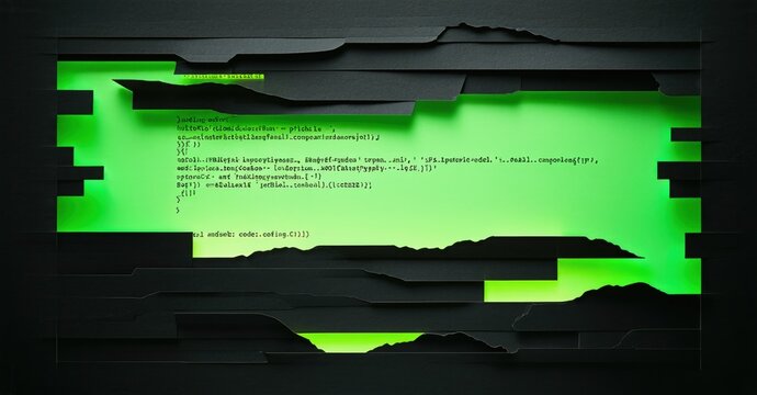Green code displayed within torn paper frame. Dark background creates dramatic digital effect. Lines represent programming syntax.