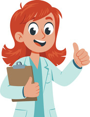 Friendly cartoon doctor giving a thumbs up with clipboard in hand
