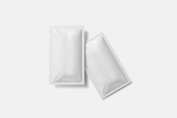 Blank sachet packaging mockup on white background, isolated, top view, 3D rendering