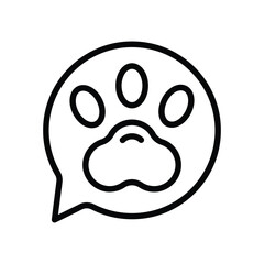 Black and white illustration of a paw print within a speech bubble