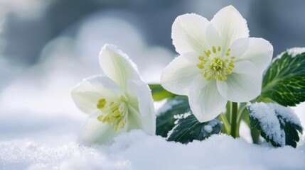 Fototapeta premium Two white flowers with green leaves in the snow.