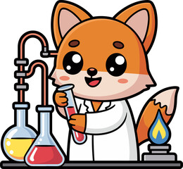 Whimsical fox scientist conducting an experiment with beakers and flames