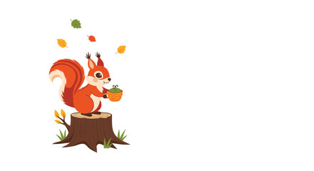 Obraz premium Cute red squirrel perched on a tree stump, holding a green acorn, surrounded by falling autumn foliage against a white background.