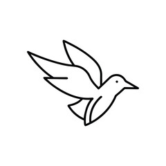 Black line drawing of a bird in flight wings outstretched facing right with simple minimal detail