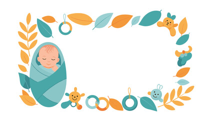 Gentle illustration of a peacefully sleeping newborn baby swaddled in blue, framed by autumn leaves and various baby toys on white.