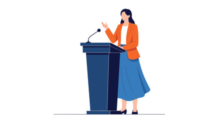 A confident woman in a blazer and skirt stands behind a podium with a microphone, gesturing during a public speech or presentation.