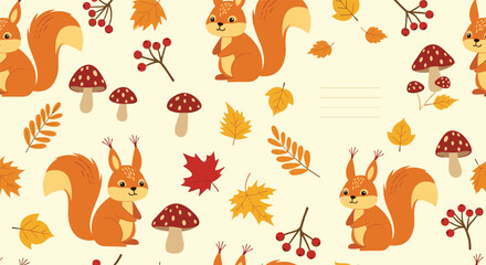 Obraz premium Cute autumn seamless pattern with cartoon squirrels, red mushrooms, and colorful fall leaves and berries on a light background for decorative design.