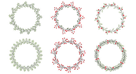 Collection of six hand-drawn watercolor floral wreaths with green leaves and red berries, perfect for festive holiday designs and natural decorations.
