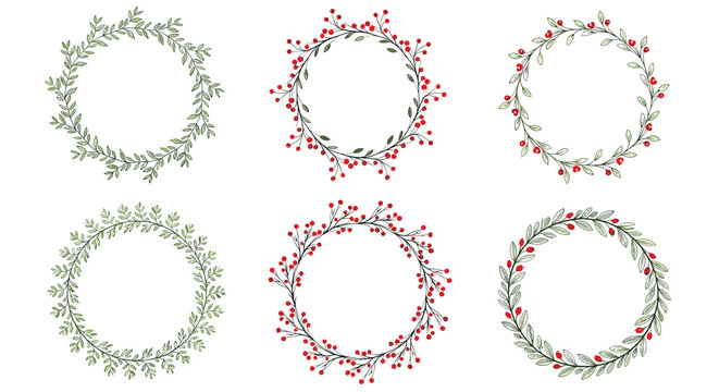 Collection of six hand-drawn watercolor floral wreaths with green leaves and red berries, perfect for festive holiday designs and natural decorations.