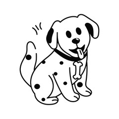 Black outline image of a Dalmatian dog sitting It has black spots a collar with a bone and a tongue sticking out