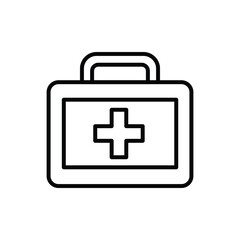 Black outline illustration of a first aid kit Rectangular case handle and a cross symbol