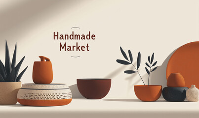 Handmade market event featuring unique artisan pottery cozy interior minimalist design natural light views creativity and craftsmanship