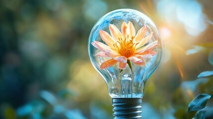A light bulb with a flower inside, emitting a warm glow in a natural, green background.