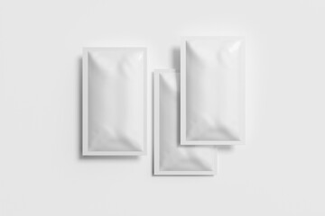 Blank sachet packaging mockup on white background, isolated, top view, 3D rendering