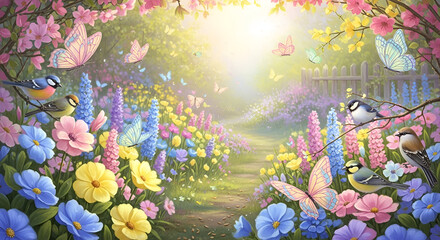 Vibrant tulip field alive with birds and butterflies