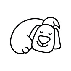 Cartoon dog is sleeping curled up with its eyes closed and a smile