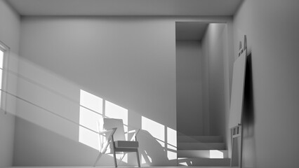 Minimalist 3D interior render of an empty art studio or contemplation room. Wood and fabric chair bathed in strong afternoon sun and shadow. Modern, empty room with easel and stairs. Concept for peace
