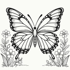 Butterfly and flowers on pink background coloring book page vector illustration.
