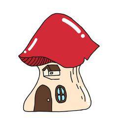 Charming little mushroom house illustration with red cap, door, and window, perfect for fantasy