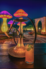Hookah e drink in lounge notturno con installazioni luminose fantasy e funghi giganti