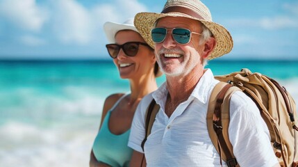 A smiling couple standing on a beach with a backpack, wearing sunglasses and hats, with the ocean in the background.