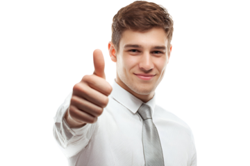 Smiling young businessman showing thumb up gesture as a positive attitude and approval signal, confident expression and professional manner, perfect for demonstrating success and