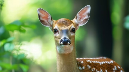 A young deer with spotted fur in a forest setting.