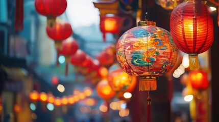 Chinese lanterns hanging in a street market.