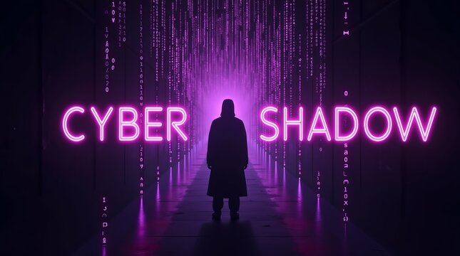 A silhouette of a figure in a hooded cloak stands in a digital corridor, illuminated by vibrant purple lights and binary code.