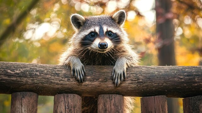 A raccoon peeking over a wooden fence in a forested area with autumn leaves in the background.