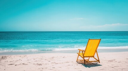 A yellow beach chair on a white sand beach with the ocean in the background.
