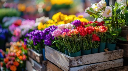 Fototapeta premium A vibrant flower market display with a variety of colorful tulips and pansies.