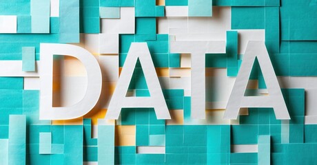 Abstract background features word DATA built from blocks. Teal hues dominate composition, creating digital aesthetic.