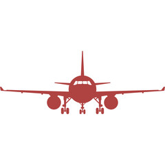 Red Silhouette of a Commercial Passenger Airplane Front View on Transparent Background With Landing Gear Down Ready for Takeoff or Landing in Daytime Lighting