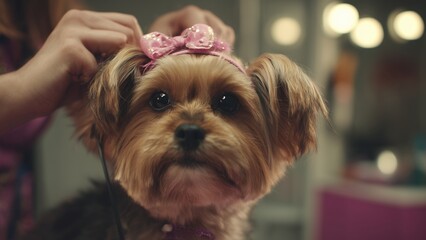 Dog grooming and spa fashion, cinematic close-up of puppy looking into mirror while groomer adjusts accessories gently