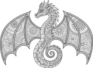Intricate dragon illustration with mandala wings and floral patterns, fantasy line art for coloring, tattoo, and mythical design themes