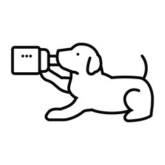 Line art depicts a dog holding a rectangular object to its mouth with its foreleg The object has three dots