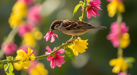 Adorable sparrow perched on floral blossom arch