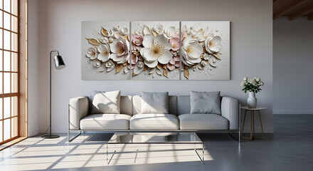 Pastel living room interior with floral accents