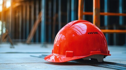 A red hard hat on a construction site.