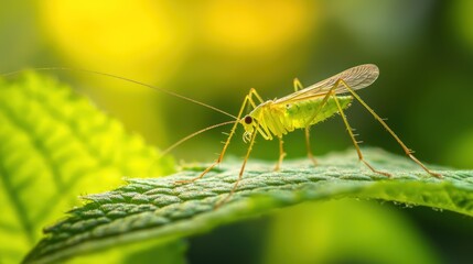 A green insect with long antennae perched on a green leaf with a blurred background.