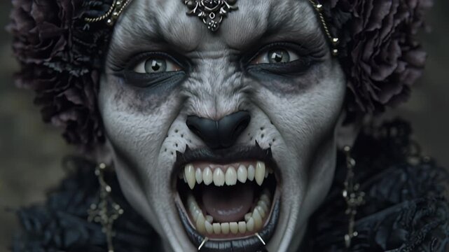 Scary wolf woman with dark makeup and jewelry growls.